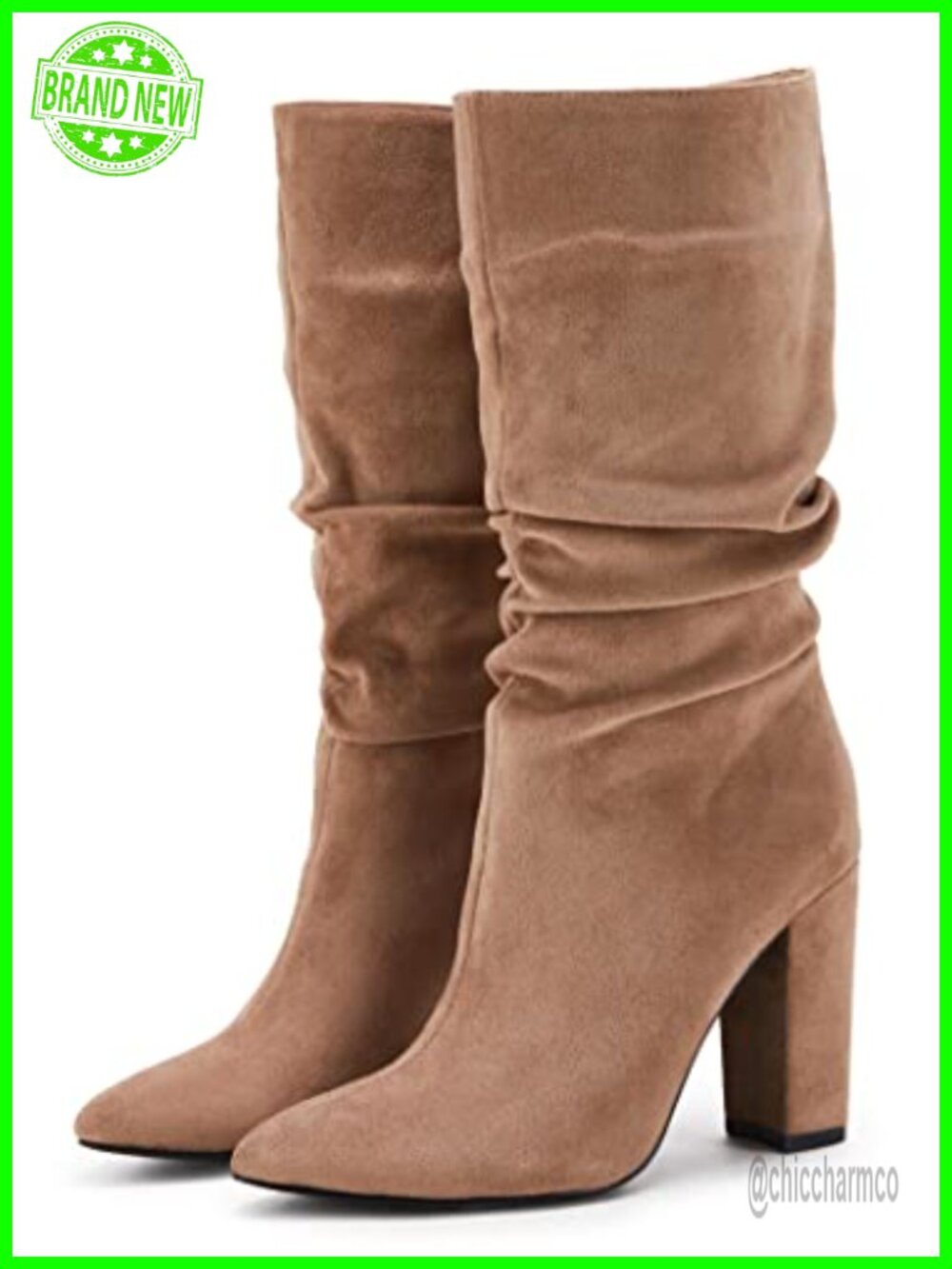 Womens Faux Suede Slouchy Mid Calf Boots Chunky Block Heel Pointed Toe